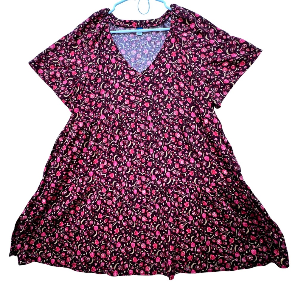 Old Navy Babydoll Dress Womens Large Maroon Floral Tiered V-Neck Boho Pockets